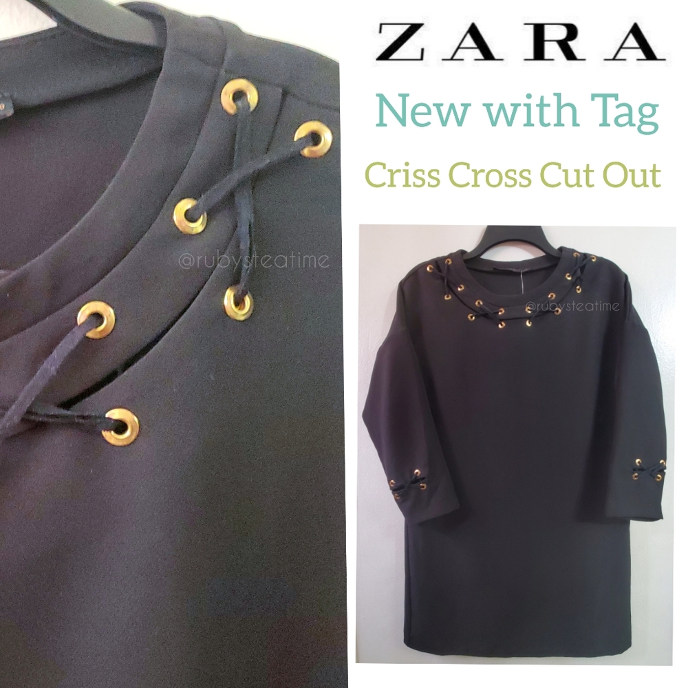 ZARA Criss Cross / Cut Out Neckline, Black Shift Dress with Gold/Brass Hardware